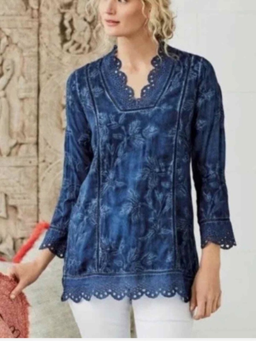 Soft Surroundings Deidre Blue Embroidered Tunic Top M